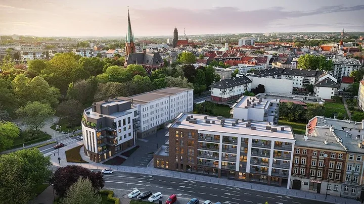 Widok na inwestycję Apartamenty Nowy Światdom100.euw centrum Gliwic