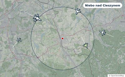 Mapa okolic miasta z sylwetkami samolotów — Niebo nad Cieszynem na żywo