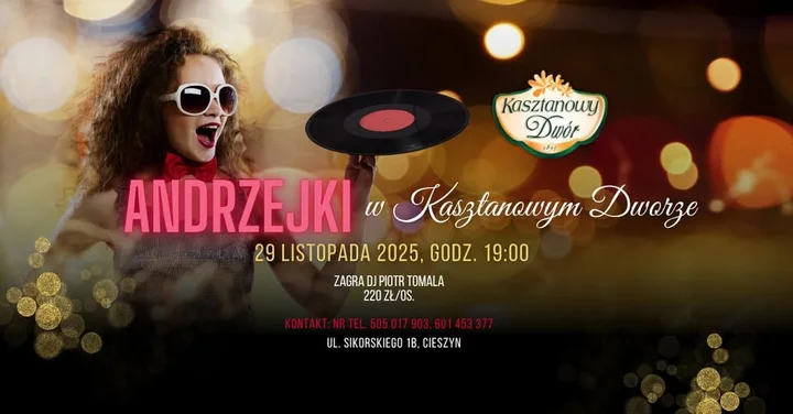 Grafika promocyjna wydarzenia Andrzejkowa zabawa w Kasztanowym Dworze w Cieszynie