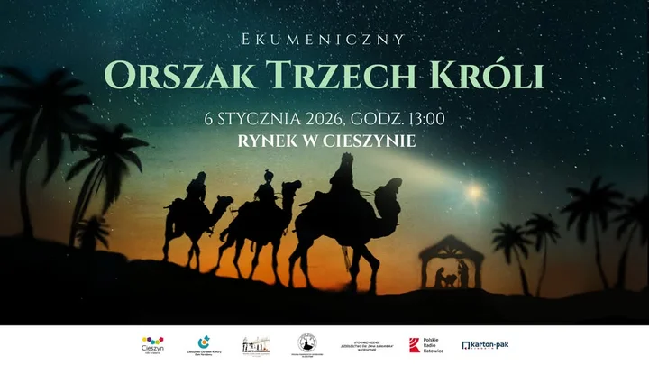 Grafika promocyjna wydarzenia Cieszyński Ekumeniczny Orszak Trzech Króli 2026 — przejście z Rynku na Wzgórze Zamkowe