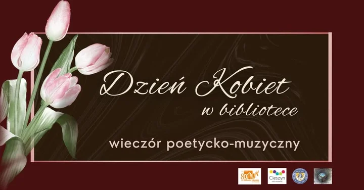Grafika promocyjna wydarzenia Dzień Kobiet w bibliotece — Biblioteka Miejska w Cieszynie