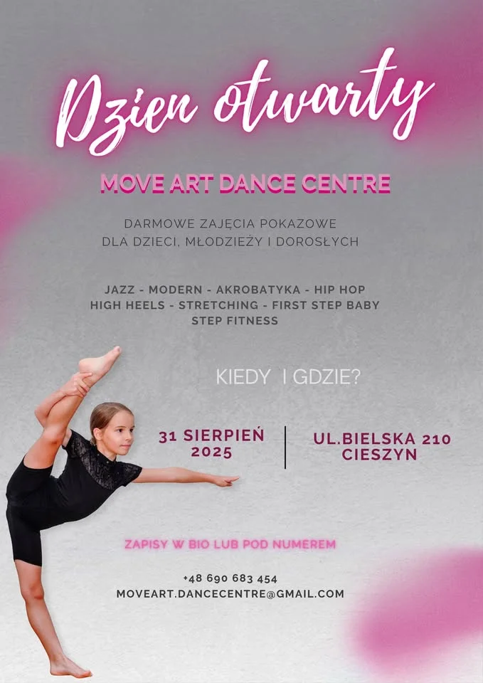 Obrazek przedstawia grafikę promocyjną wydarzenia Dzień otwarty w Move Art Dance Centre w Cieszynie