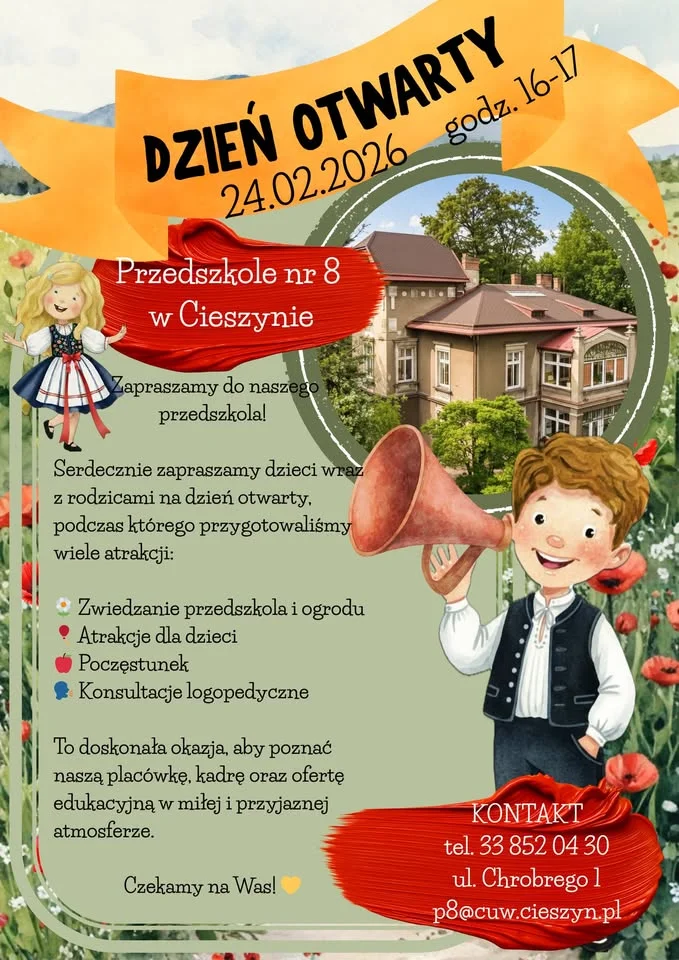 Grafika promocyjna wydarzenia Dzień Otwarty w Przedszkolu nr 8 w Cieszynie — zwiedzanie, atrakcje i konsultacje