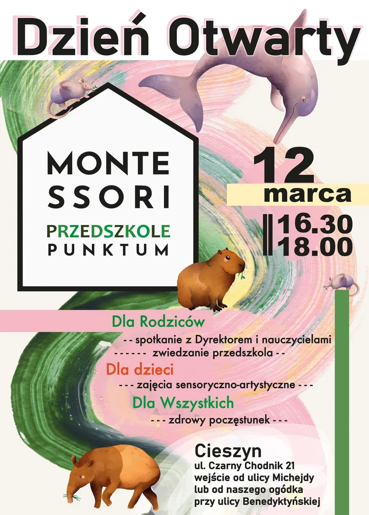 Grafika promocyjna wydarzenia Dzień Otwarty w Punktum Montessori Cieszyn — przedszkole dla dzieci 3–6 lat