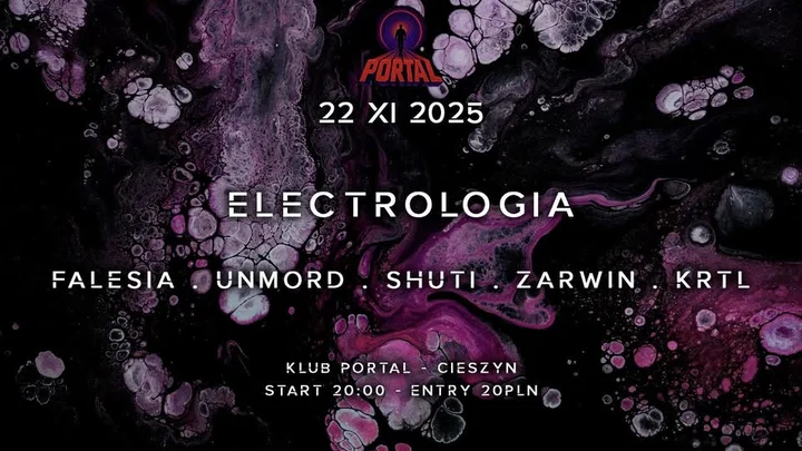 Grafika promocyjna wydarzenia Electrologia pres. Falesia w Klubie Portal (Cieszyn)