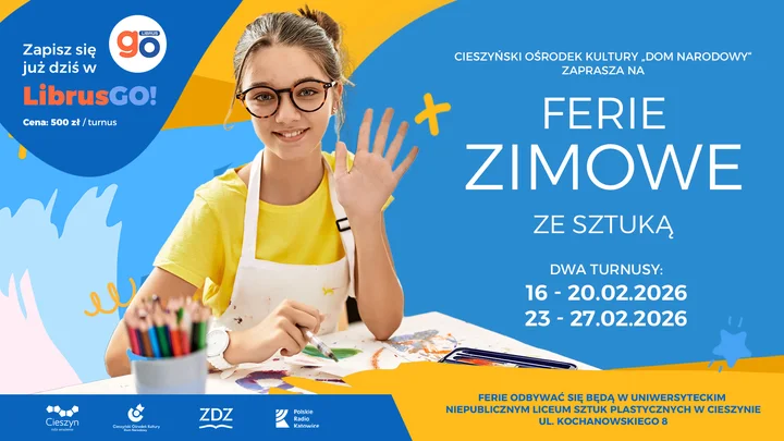 Grafika promocyjna wydarzenia Ferie zimowe 2026 ze sztuką — Cieszyński Ośrodek Kultury