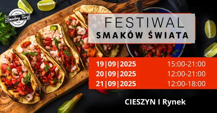 Obrazek przedstawia grafikę promocyjną wydarzenia Międzynarodowy festiwal kulinarny na Rynku w Cieszynie