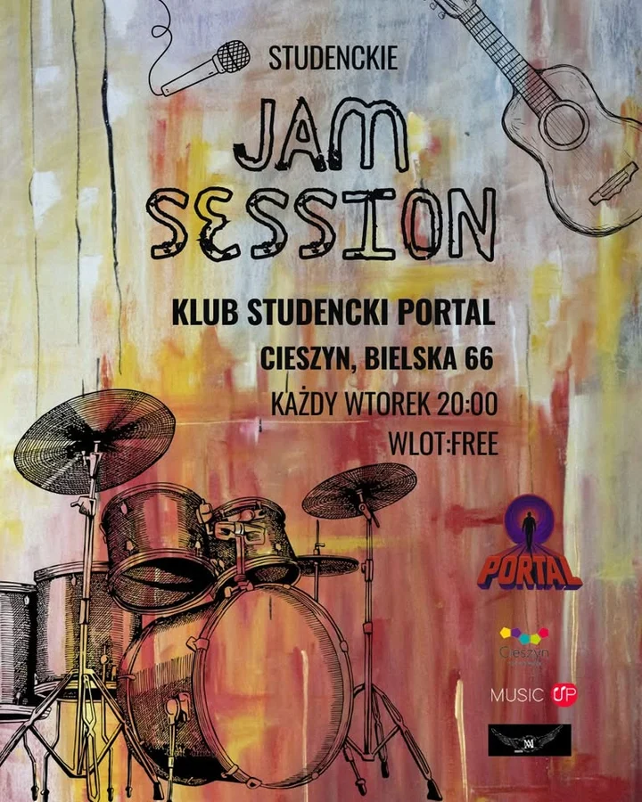 Grafika promocyjna wydarzenia Jam Session PORTAL — wtorkowe wspólne granie w Bielska 66