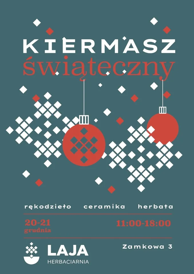 Grafika promocyjna wydarzenia Kiermasz świąteczny w Herbaciarni Laja — prezenty od lokalnych twórców