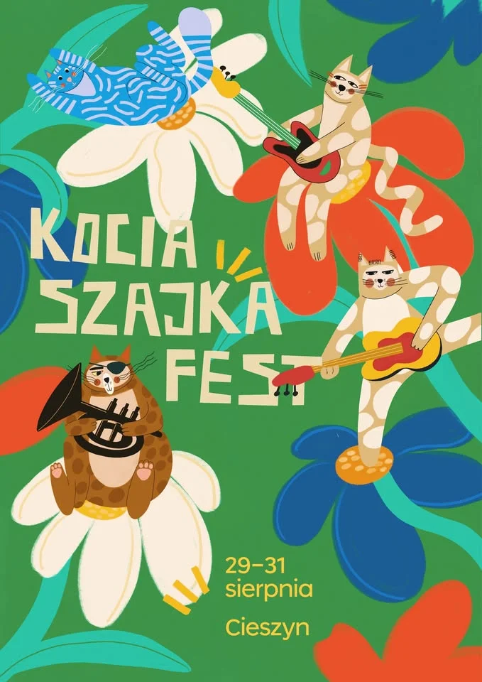 Obrazek przedstawia grafikę promocyjną wydarzenia Rodzinny festiwal z atrakcjami dla miłośników kotów w Cieszynie