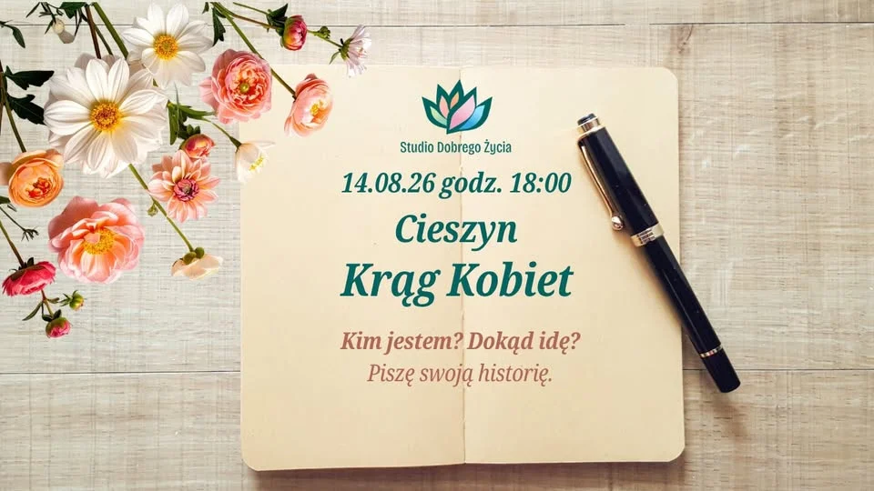 Grafika promocyjna wydarzenia Krąg Kobiet „Kim jestem? Dokąd idę? Piszę swoją historię.” – refleksja i uważność