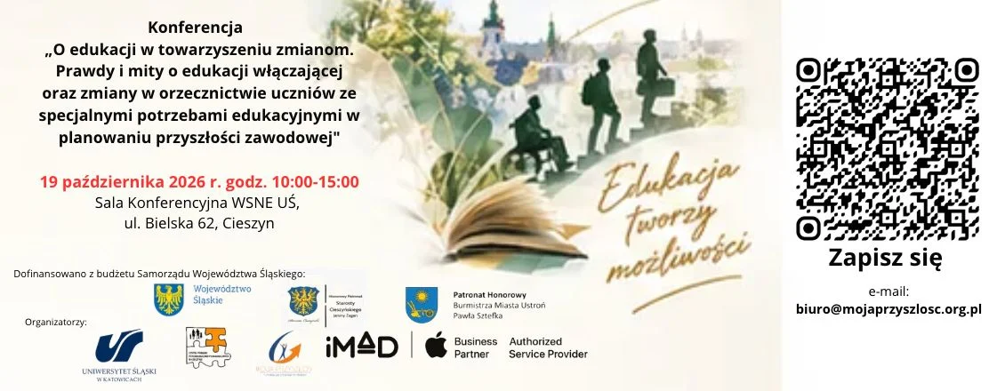 Grafika promocyjna wydarzenia O edukacji w towarzyszeniu zmianom w Cieszynie