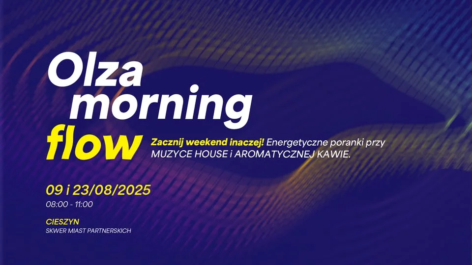 Obrazek przedstawia grafikę promocyjną wydarzenia Poranny rave z muzyką house i kawą na Skwerze Miast Partnerskich w Cieszynie