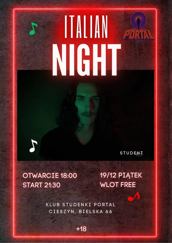 Grafika promocyjna wydarzenia PORTAL | ITALIAN NIGHT | STUDENT — włoska noc w Portalu (Cieszyn)