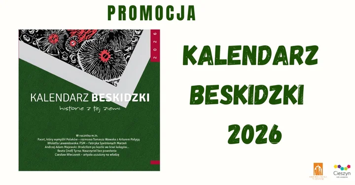 Grafika promocyjna wydarzenia Promocja Kalendarza Beskidzkiego 2026 w Bibliotece Miejskiej w Cieszynie