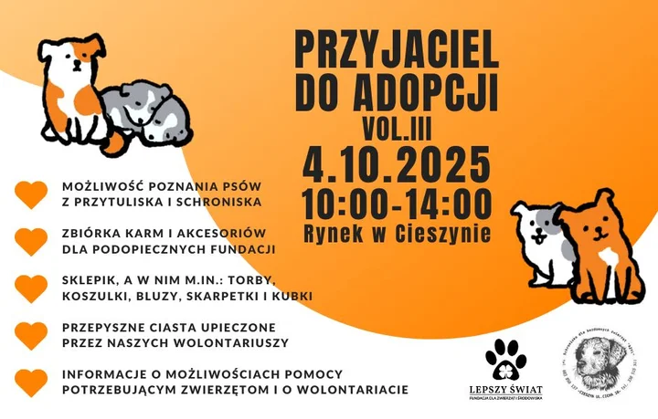 Obrazek przedstawia grafikę promocyjną wydarzenia Spotkanie adopcyjne psów na Rynku w Cieszynie