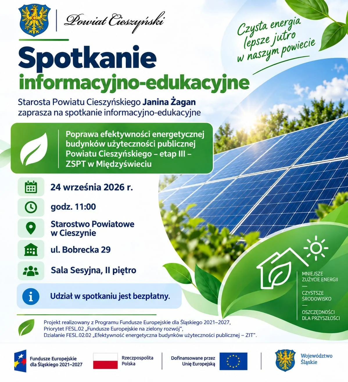 Grafika promocyjna wydarzenia Spotkanie informacyjno-edukacyjne dotyczące poprawy efektywności energetycznej