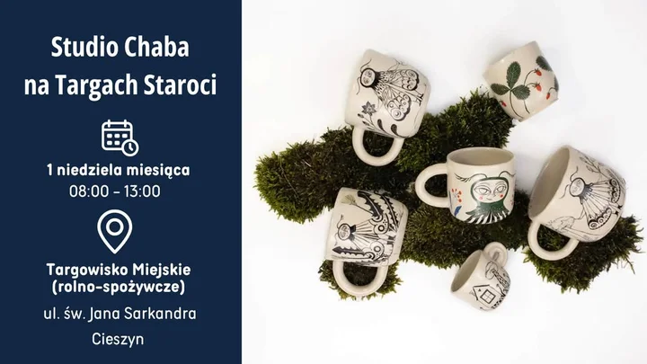 Obrazek przedstawia grafikę promocyjną wydarzenia Ceramika Studio Chaba na targach staroci w Cieszynie