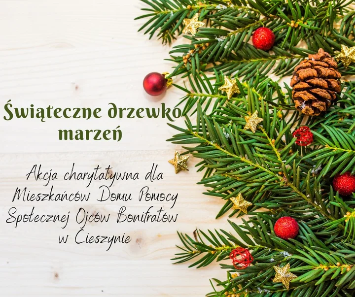 Grafika promocyjna wydarzenia Świąteczne Drzewko Marzeń — podaruj prezent mieszkańcom DPS w Cieszynie