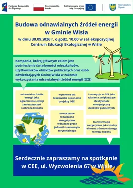 Grafika promocyjna wydarzenia Budowa odnawialnych źródeł energii w Gminie Wisła – spotkanie informacyjne