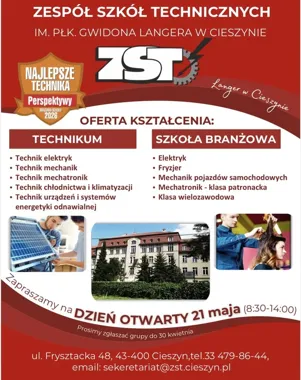 Grafika promocyjna wydarzenia Dzień otwarty ZST Cieszyn – co czeka 21 maja?