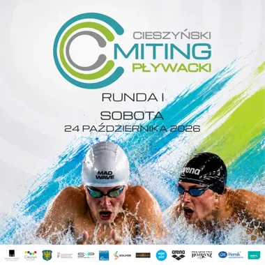 Grafika promocyjna wydarzenia I runda Międzynarodowego Cieszyńskiego Mitingu Pływackiego