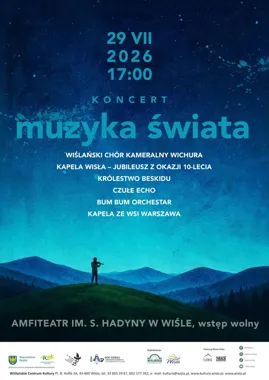Grafika promocyjna wydarzenia Muzyka Świata podczas 63. Tygodnia Kultury Beskidzkiej w Wiśle