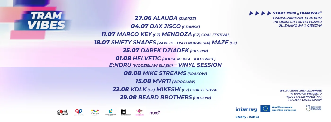 Obrazek przedstawia grafikę promocyjną wydarzenia Letni wieczór z house music na dachu Transgranicznego Centrum Informacji Turystycznej w Cieszynie