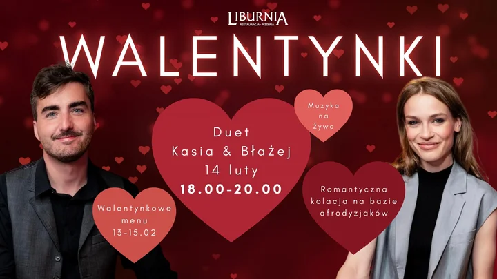Grafika promocyjna wydarzenia Walentynki z Restauracją Liburnia — kolacja degustacyjna i muzyka na żywo