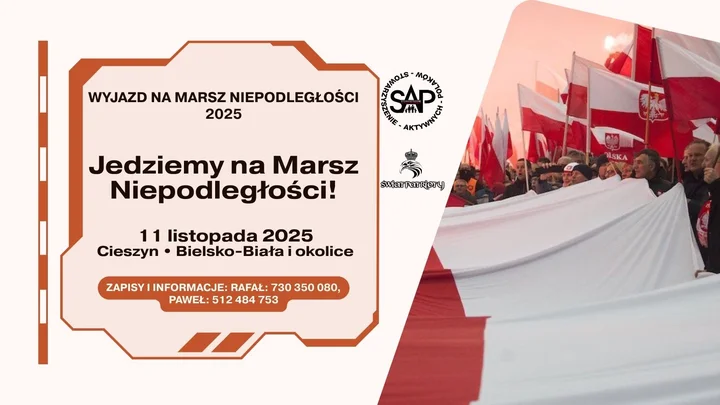 Grafika promocyjna wydarzenia Wyjazd z Cieszyna i Bielska-Białej na Marsz Niepodległości 11 listopada 2025