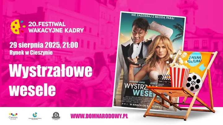 Obrazek przedstawia grafikę promocyjną wydarzenia Plenerowy seans filmu Wystrzałowe wesele na rynku w Cieszynie