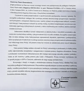 Po kolizji w Ustroniu policjanci otrzymali podziękowania od uczestnika zdarzenia