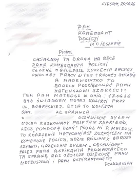 Policjant po służbie zatrzymał bieg sprawy w Cieszynie - przyszło podziękowanie